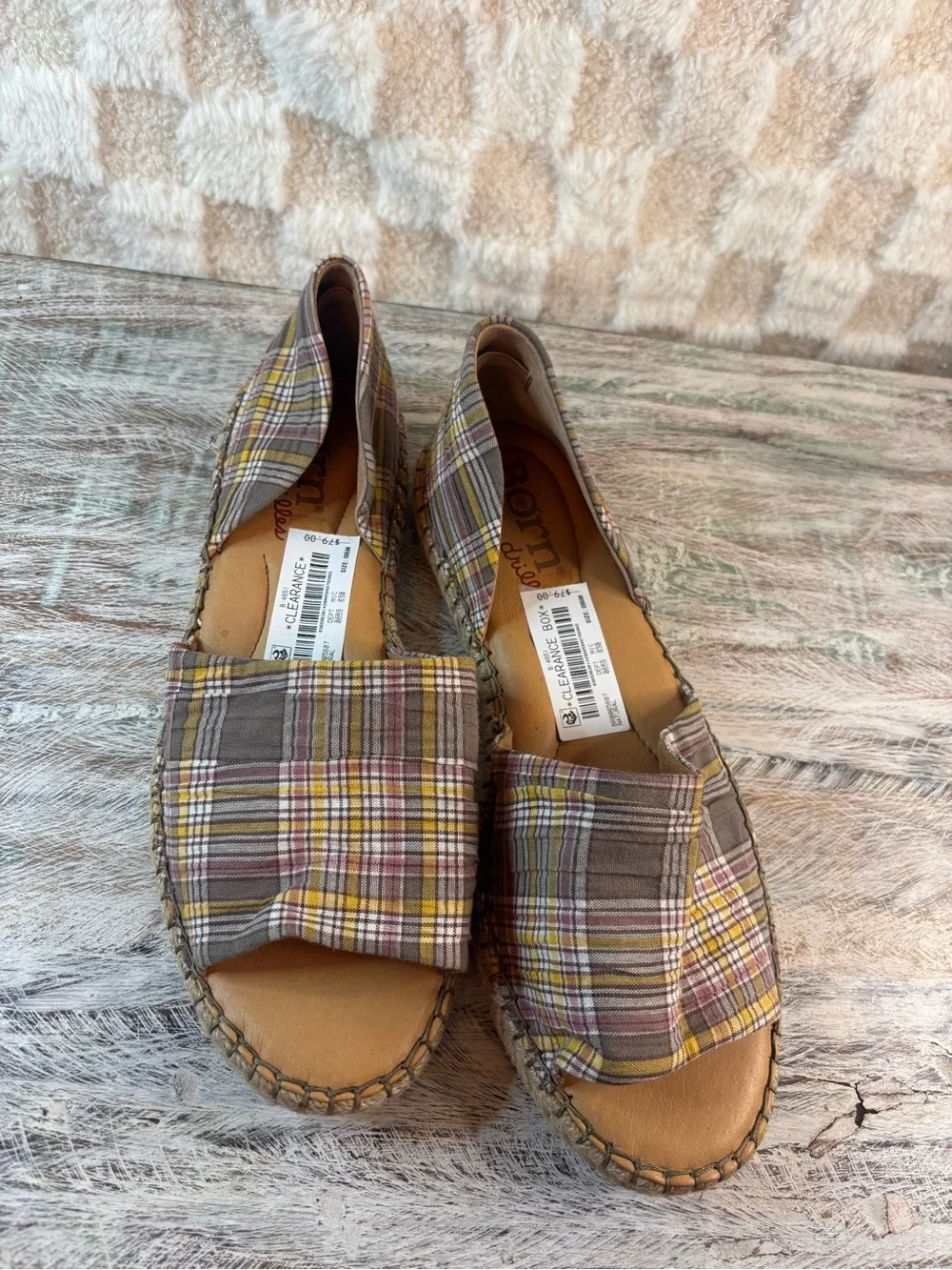 Born Seak Slip on Women’s Plaid Peep-Toe Espadrille Sandals - Yellow/Brown